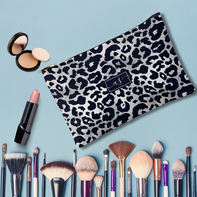 Silver Glitter Black Leopard Print Monogrammed Accessory Pouch (Creator Uploaded)