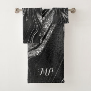 Silver Glitter Black Marble  Bath Towel Set