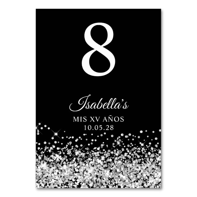 Silver Glitter Black Mis XV Anos Table Number (Front)