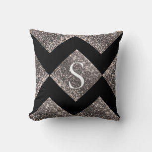 Silver Glitter Black Monogram Bling Chic  Throw Pillow
