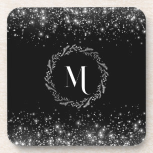 Silver Glitter Black Monogram Coaster