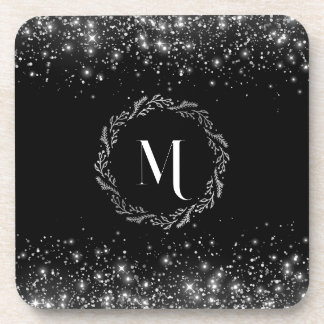 Silver Glitter Black Monogram Coaster