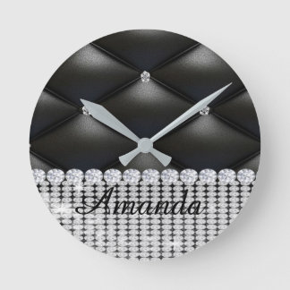  silver glitter black monogram  round clock
