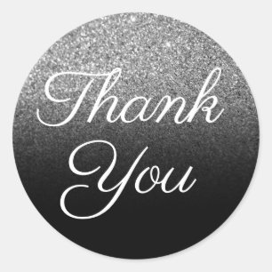 Silver Glitter Black Ombre Thank You Classic Round Sticker