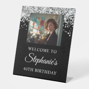 Silver Glitter Black Photo 40th Birthday Pedestal Sign