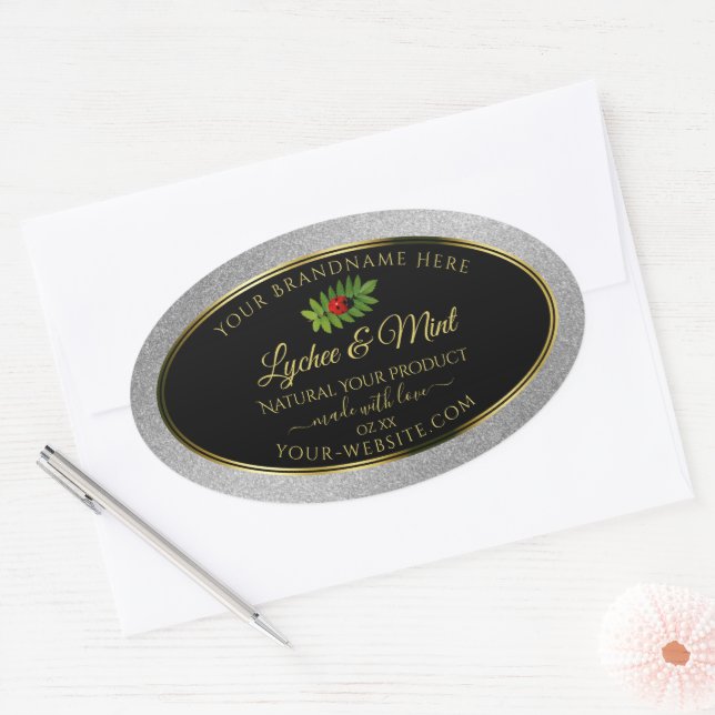 Silver Glitter Black Product Labels Ladybug Leaf (Envelope)