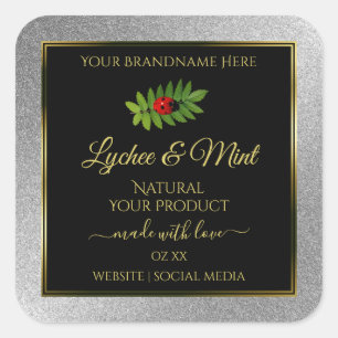 Silver Glitter Black Product Labels Ladybug Leaf