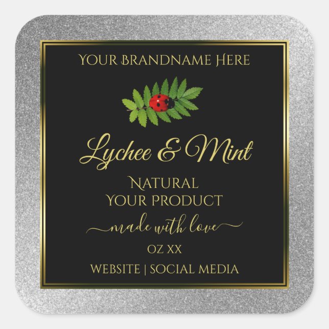 Silver Glitter Black Product Labels Ladybug Leaf (Front)