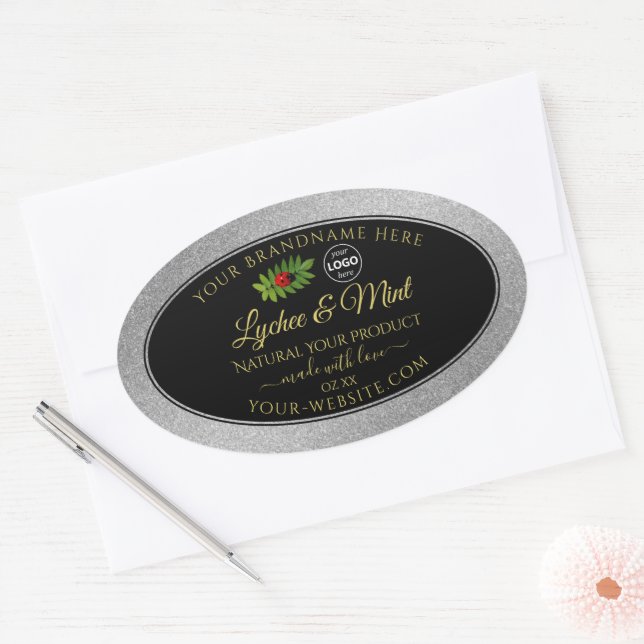 Silver Glitter Black Product Labels Ladybug Logo (Envelope)