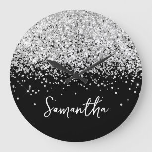 Silver Glitter Black Script Name Large Clock