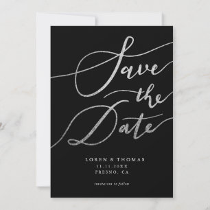 Silver Glitter Black Script Typography Save The Date