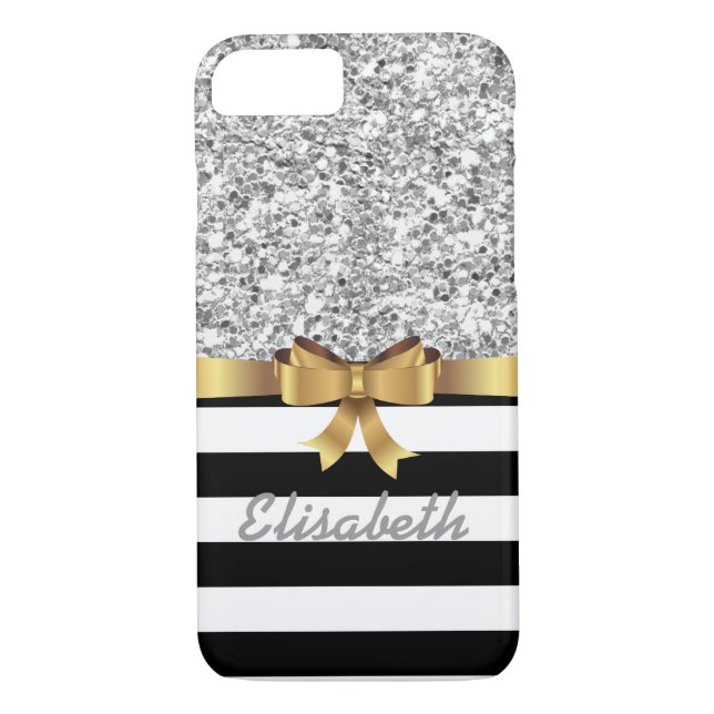 SILVER GLITTER BLACK stripe GOLD BOW MONOGRAM Case-Mate iPhone Case (Back)