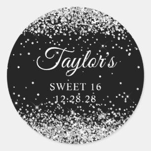 Silver Glitter Black Sweet 16 Classic Round Sticker