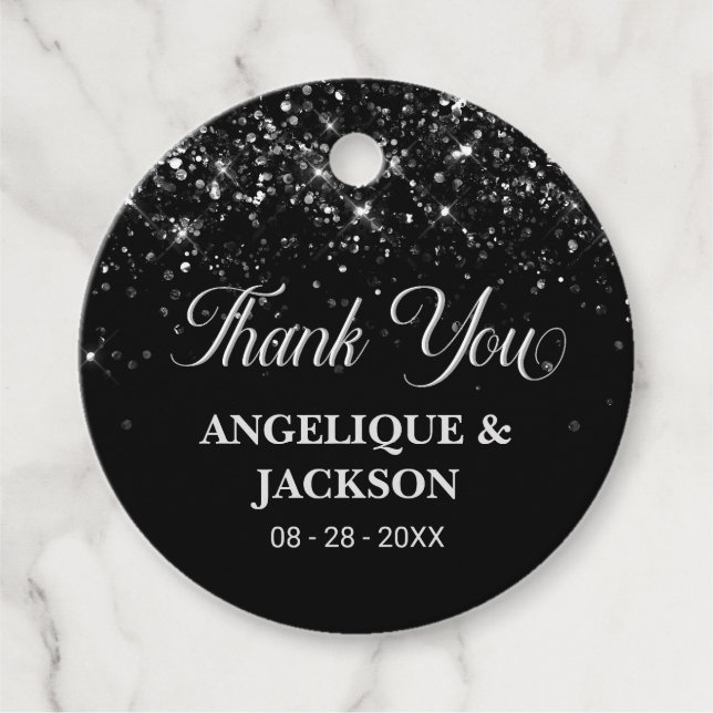 Silver Glitter Black Thank You Favour Tag (Front)