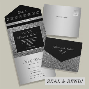 Silver Glitter Black Wedding All In One Invitation