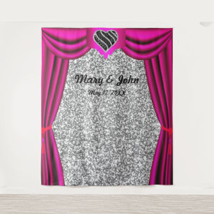 Silver Glitter Black & White Heart Pink Curtain Tapestry