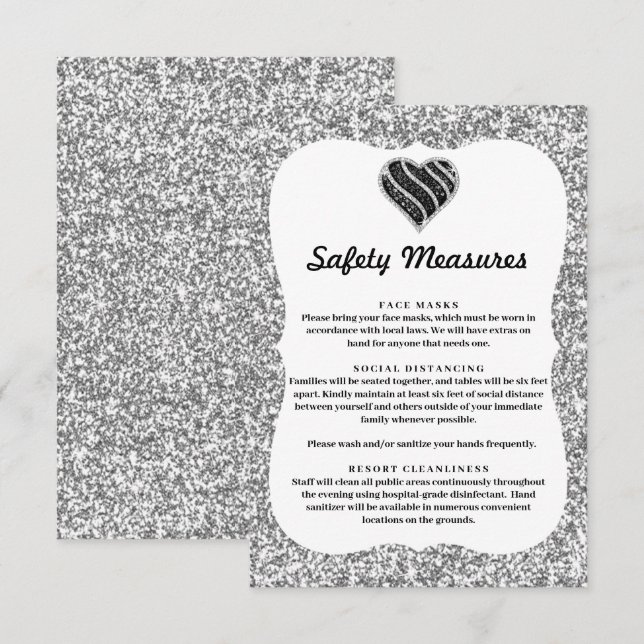 Silver Glitter Black & White Heart Safety Measures Enclosure Card (Front/Back)