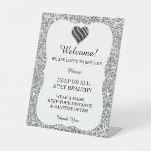 Silver Glitter Black & White Heart Wedding Safety  Pedestal Sign