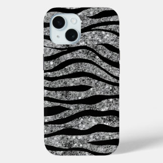 Silver Glitter & Black Zebra Stripes iPhone 15 Case