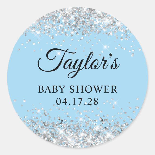 Silver Glitter Blue Baby Shower Classic Round Sticker (Front)