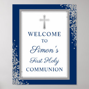 Silver Glitter Blue First Holy Communion Welcome Poster