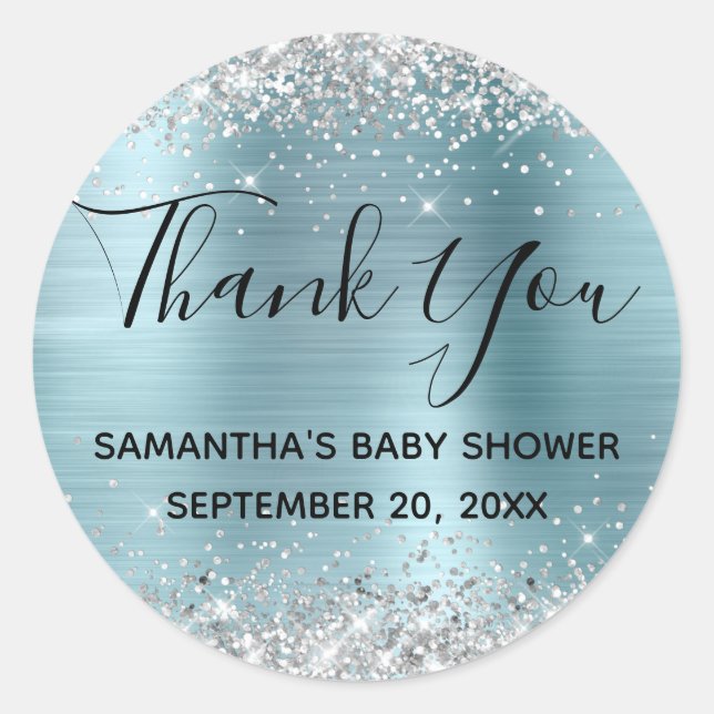 Silver Glitter Blue Foil Baby Shower Thank You Classic Round Sticker (Front)