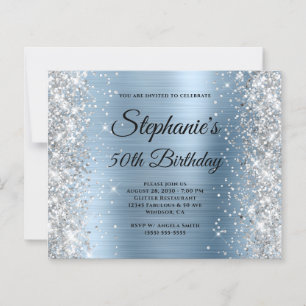 Silver Glitter Blue Foil Monogram 50th Birthday