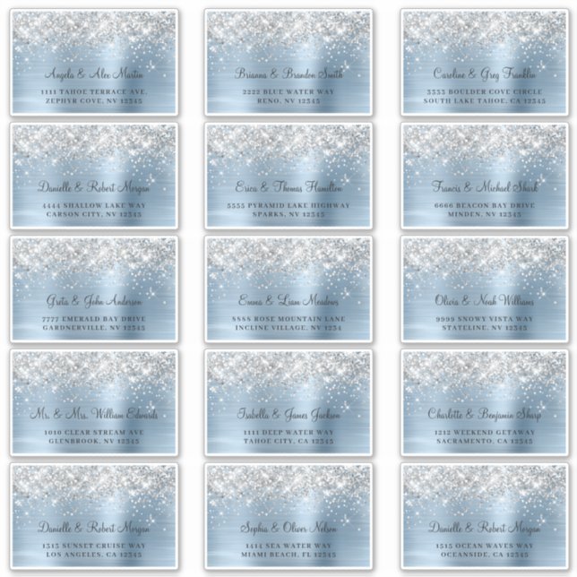 Silver Glitter Blue Foil Wedding Address Labels (Front)