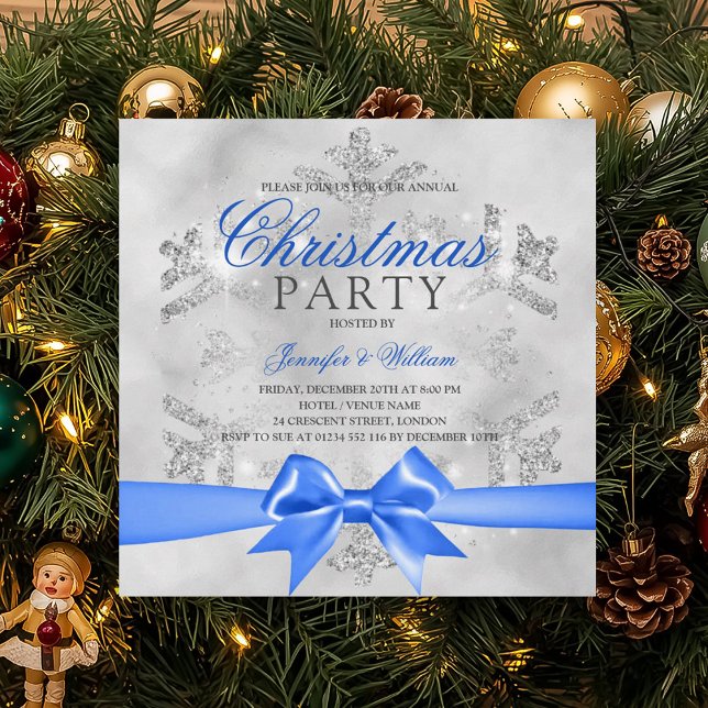 Silver Glitter & Blue Ribbon | Xmas Holiday  Invitation (Creator Uploaded)