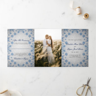 Silver Glitter Blue Snowflake Winter Wedding   Tri-Fold Programme