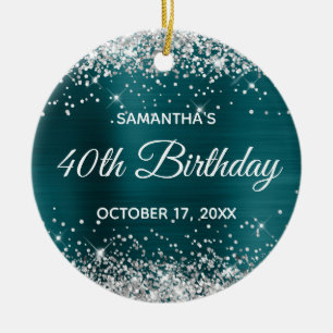 Silver Glitter Blue Teal Foil 40th Birthday Ceramic Ornament