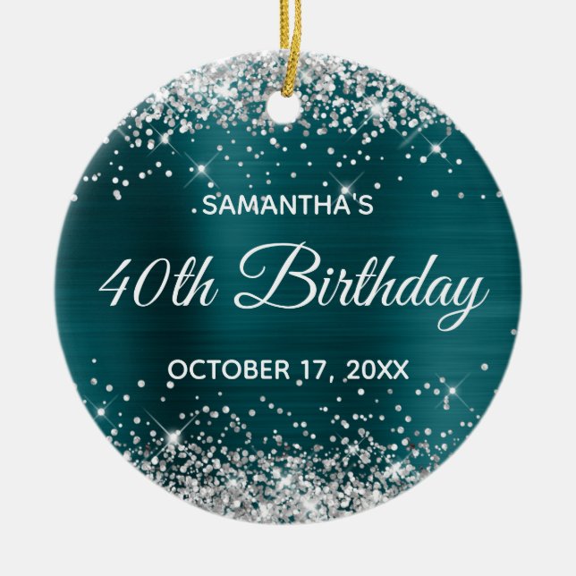 Silver Glitter Blue Teal Foil 40th Birthday Ceramic Ornament (Front)