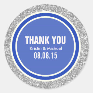 Silver Glitter & Blue Thank You Round Stickers