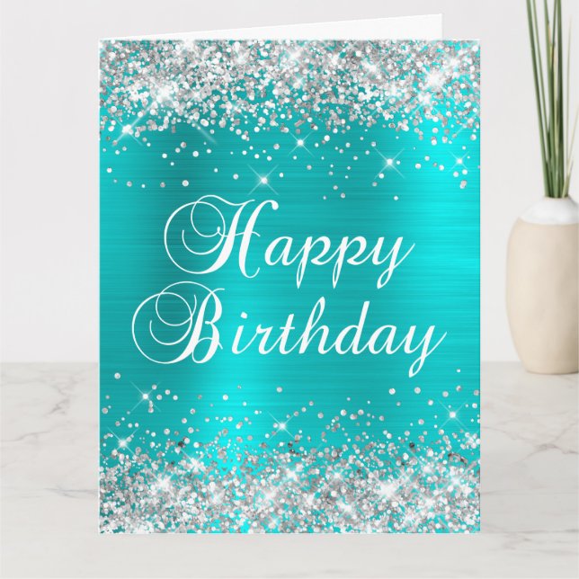 Silver Glitter Blue Turquoise Big Happy Birthday Card (Front)