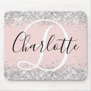 Silver Glitter Blush Black and White Monogram Mouse Pad