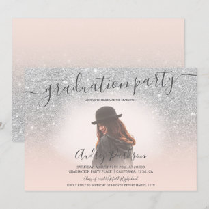 Silver glitter blush pink chic photo graduation invitation