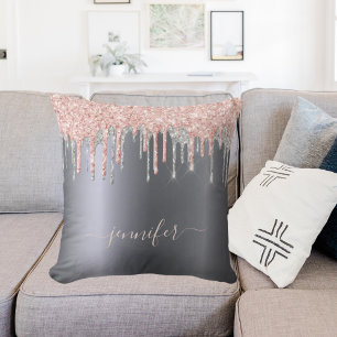 Silver glitter blush pink drips monogram script throw pillow