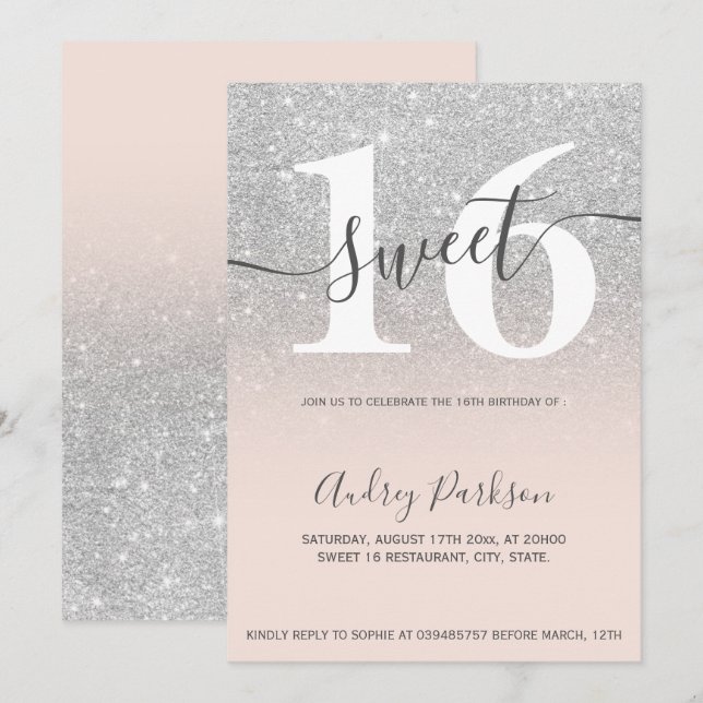 Silver glitter blush pink ombre girly Sweet 16 Invitation (Front/Back)
