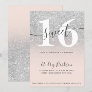 Silver glitter blush pink ombre girly Sweet 16 Invitation