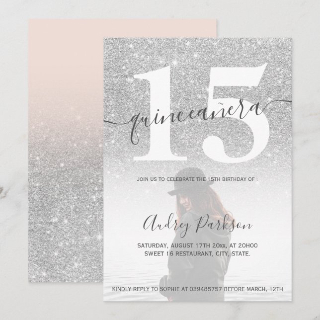Silver glitter blush pink quinceanera photo invitation (Front/Back)