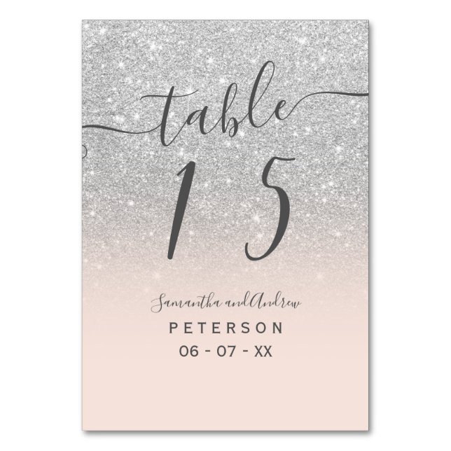 Silver glitter blush pink script wedding table table number (Front)