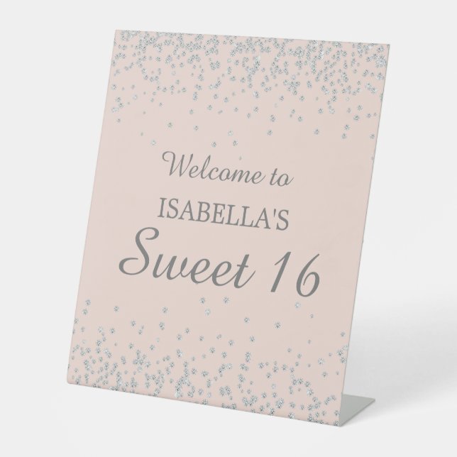 Silver Glitter Blush Pink Sweet 16 Welcome Name Pedestal Sign (Front)