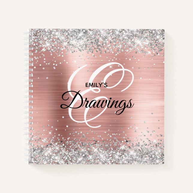 Silver Glitter Blush Rose Foil Monogram Drawing Notebook (Front)