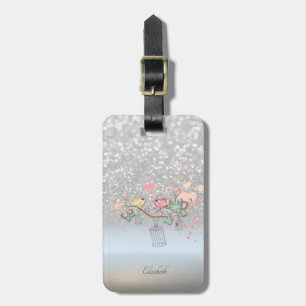 Silver Glitter Bokeh Ombre,Birds - Personalized Luggage Tag