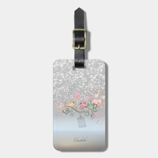 Silver Glitter Bokeh Ombre,Birds  - Personalized Luggage Tag (Front Vertical)
