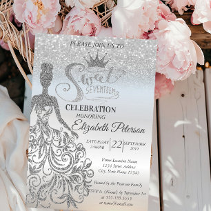 Silver Glitter Bokeh Ombre, Dress,Tiara,Sweet 17 Invitation