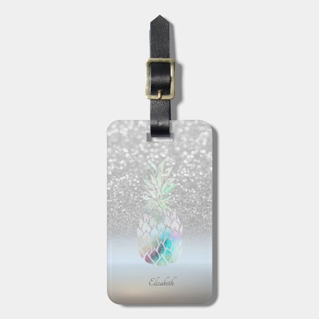 Silver Glitter Bokeh Ombre,Pineapple- Personalized Luggage Tag (Front Vertical)
