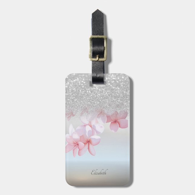 Silver Glitter Bokeh Ombre,Plumeria  -Personalized Luggage Tag (Front Vertical)