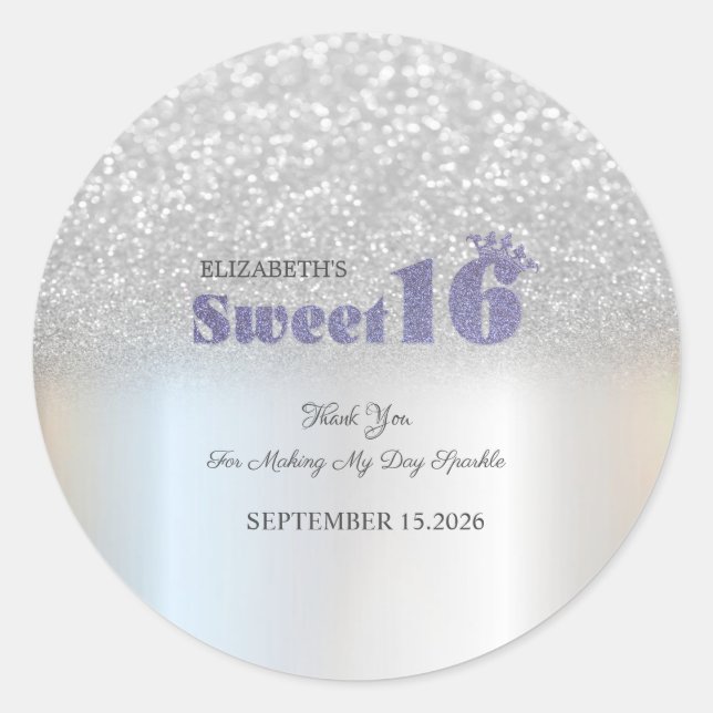 Silver Glitter Bokeh Sweet 16 Crown Classic Round Sticker (Front)