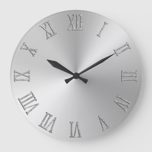 Silver Glitter Bold Roman Numerals Radial Ombre Large Clock (Front)
